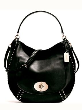 COACH STUDDED LEATHER CIRCLE HOBO BLACK